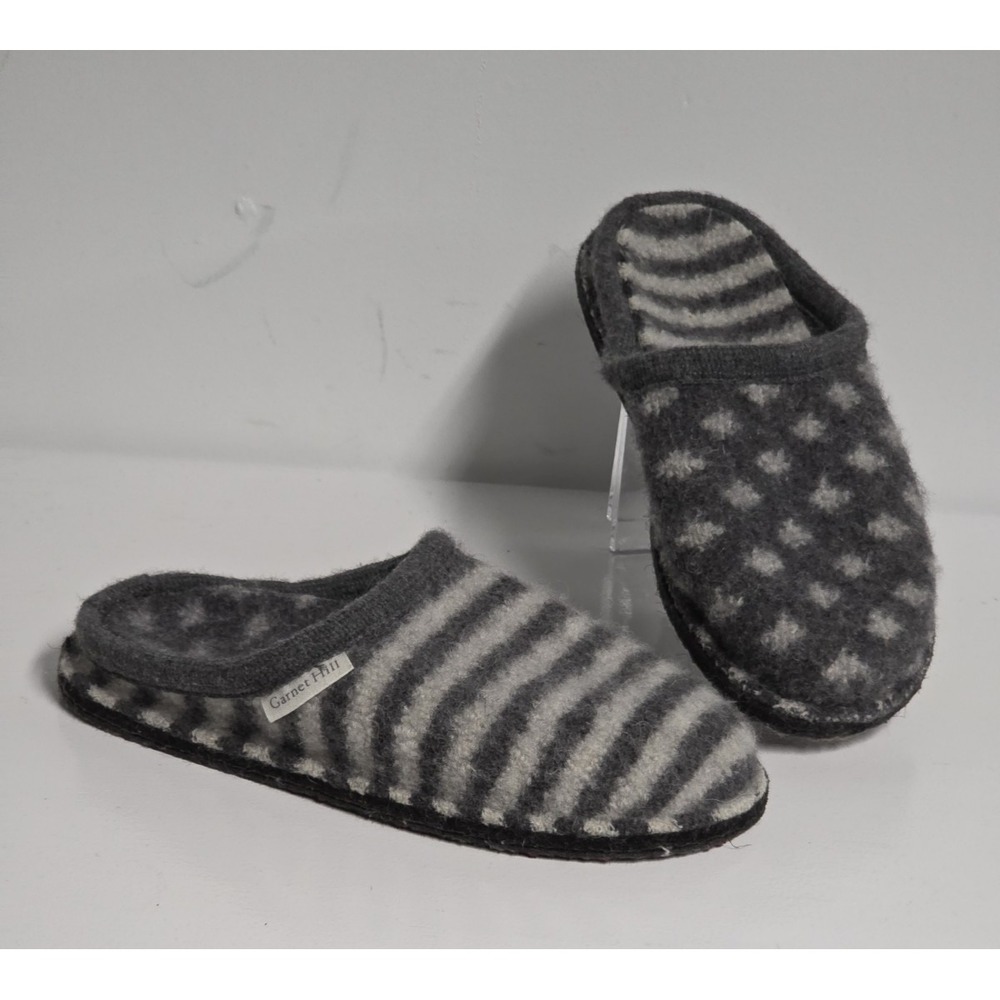Haflinger Garnet Hill Womens Size 8 Shirley Wool Slippers Dot Stripe Gray House